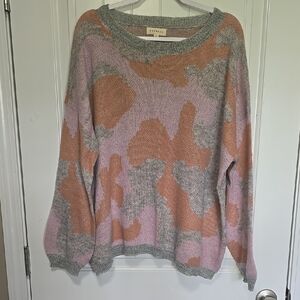 PROMESA Pink and Gray Crew Neck Sweater with Abstract Patterns